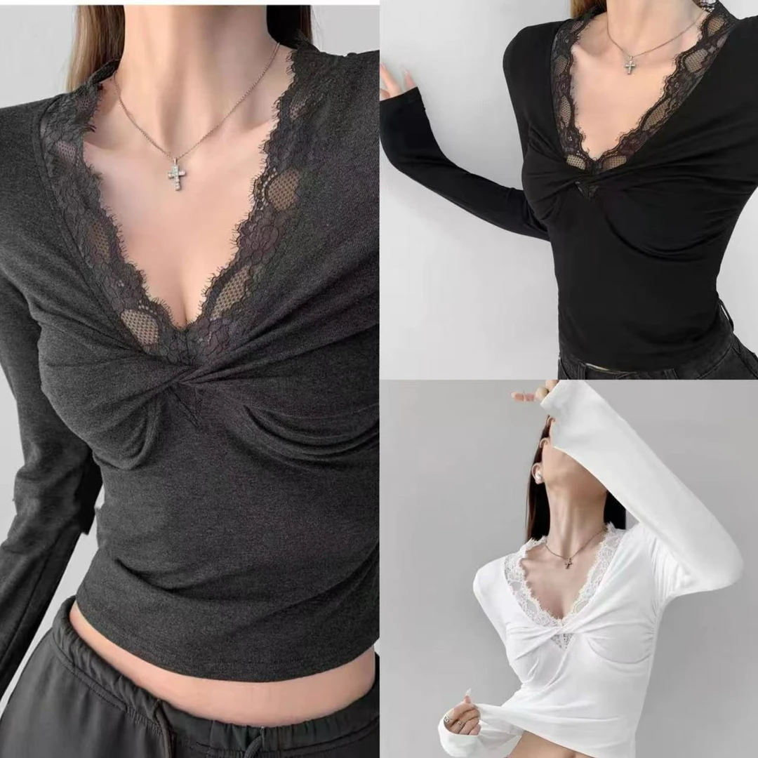 2024年麻花V领拼接蕾丝长袖t恤冬季新款6931