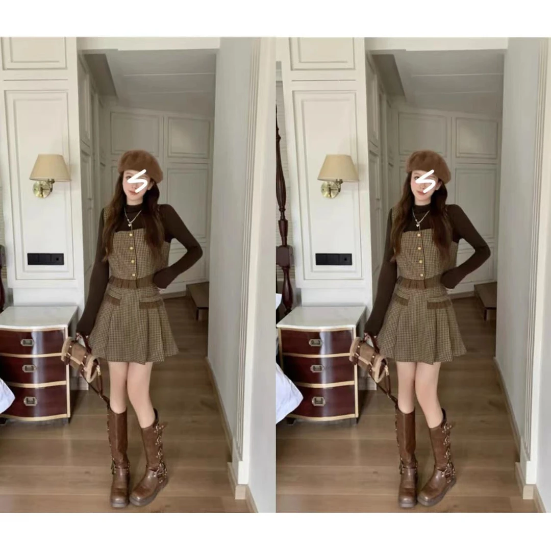 2024秋冬新款千鸟小香风马甲纯色打底百褶短裙时尚套装8878