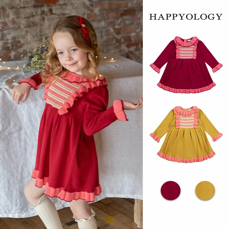 happyology英国费尔岛童装秋季儿童针织童装撞色毛线裙女童连衣裙