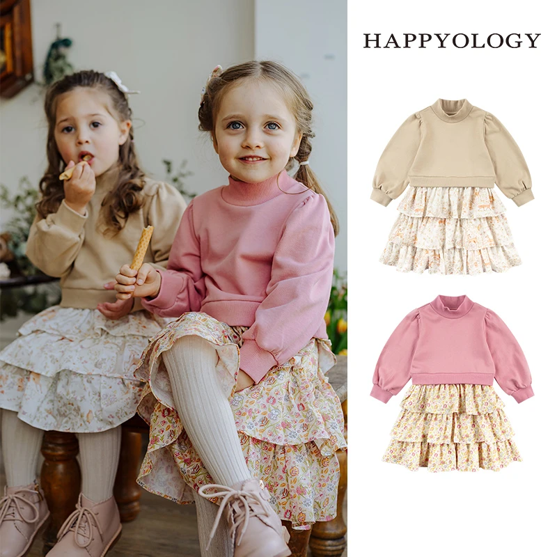 Happyology英国儿童春秋装新品连衣裙数码印花裙子女童拼接蛋糕裙
