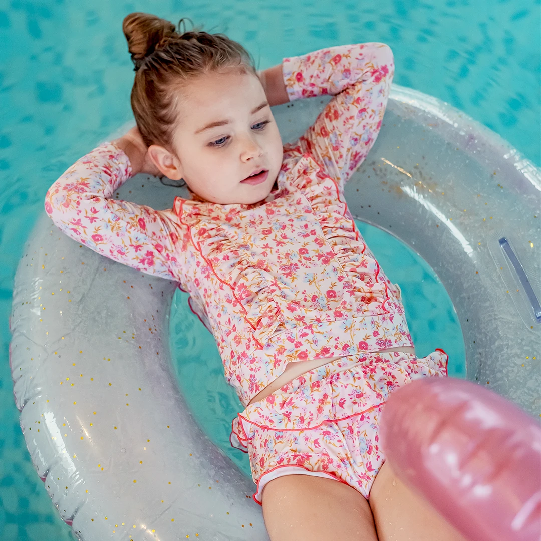 happyology夏季新款防晒女童长袖碎花速干连体泳衣公主游泳