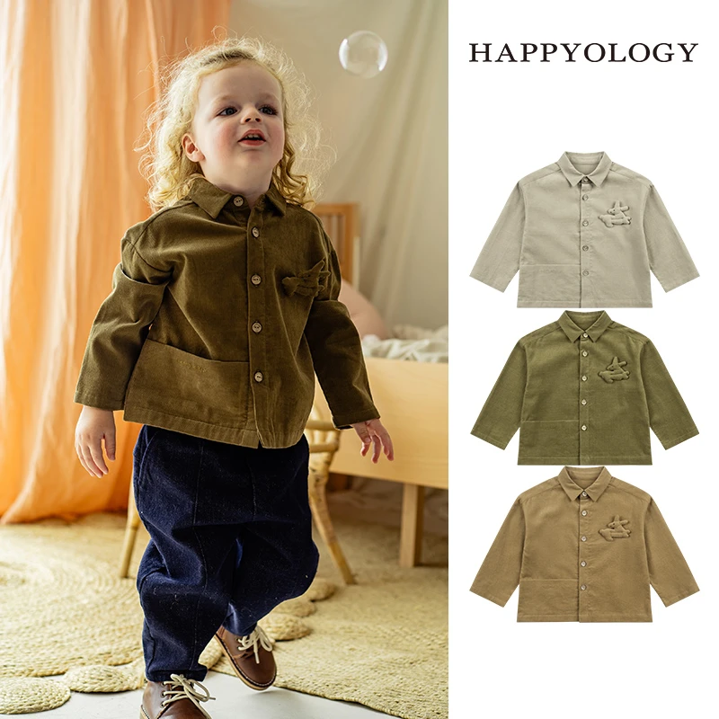 Happyology英国儿童春秋新款男童立体装饰女童灯芯绒全棉童装衬衫