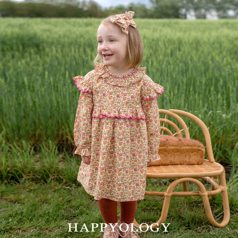 Happyology英国儿童印花女童裙子纯棉司马克绣花长袖连衣裙