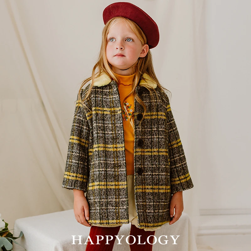 Happyology英国儿童新款英伦绵羊毛童装呢大衣男女童秋冬毛呢外套