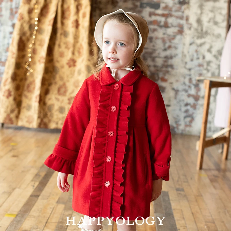 Happyology英国儿童秋冬荷叶边女童绵羊毛外套毛呢中长款呢大衣