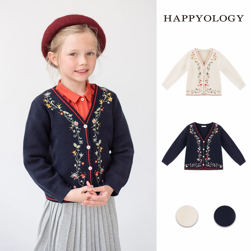 Happyology秋季新品绣花开衫儿童外套女童毛衣羊毛混纺长袖针织衫