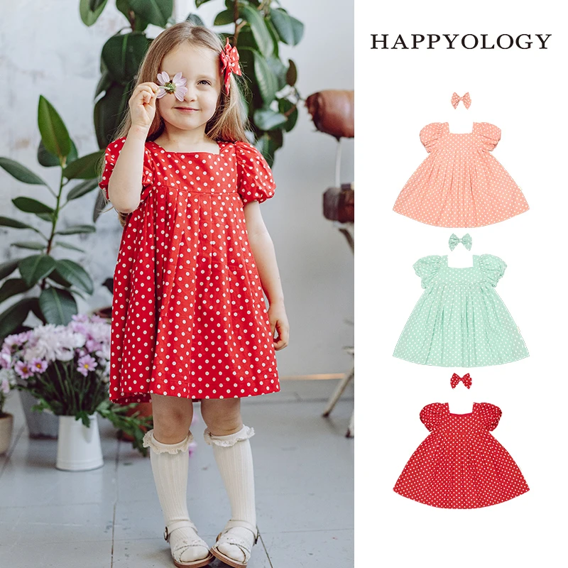 happyology女童夏季波点泡泡袖全棉可爱连身裙女宝韩版连衣裙