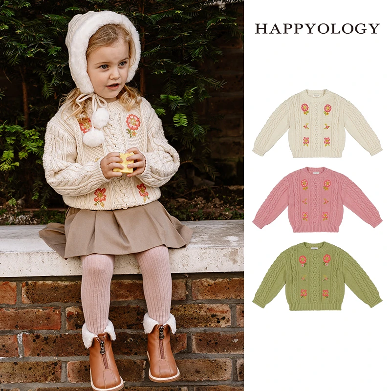 [2件9折]英国儿童秋冬童装新款女童上衣绣花绞花套头针织衫毛衫