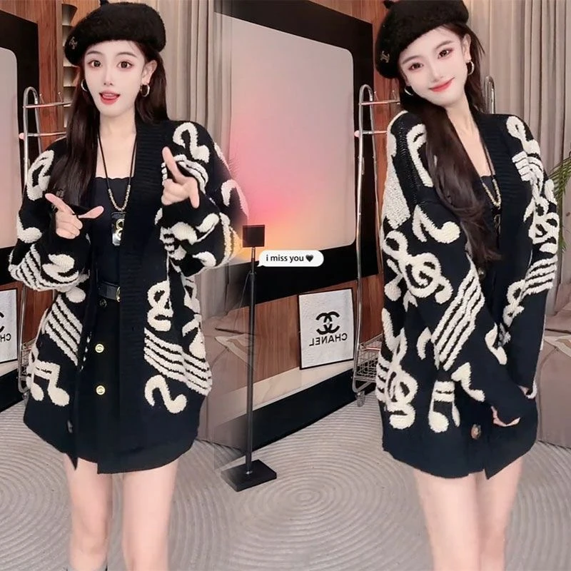 韩版慵懒风音符提花针织开衫女秋冬新款宽松百搭中长款毛衣外套厚