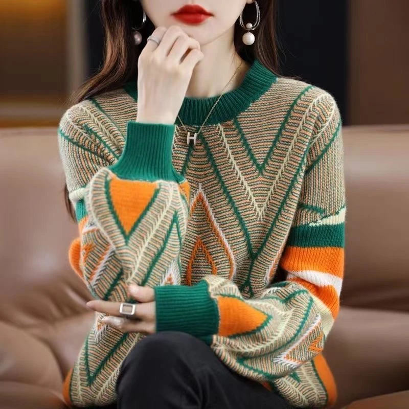 2025新款秋冬季时尚加厚圆领毛衣女宽松慵懒洋气针织衫打底上衣女