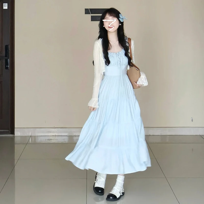 温柔风蓝色吊带连衣裙子夏季2025新款梨形身材夏装穿搭一整套2277