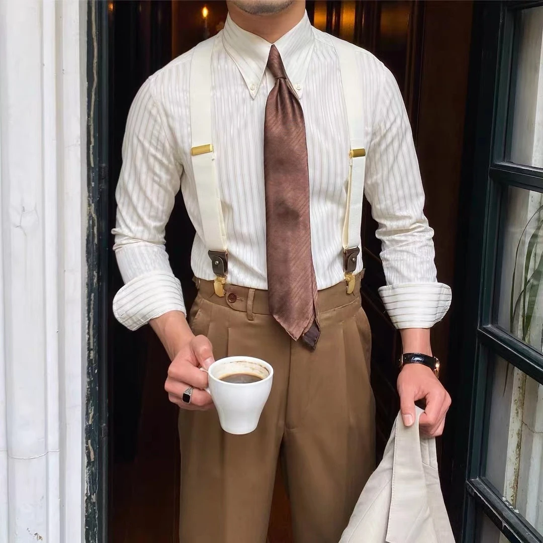 绅装复古尖领条纹长袖衬衫英伦薄款百搭休闲通勤衬衣潮男男士商务