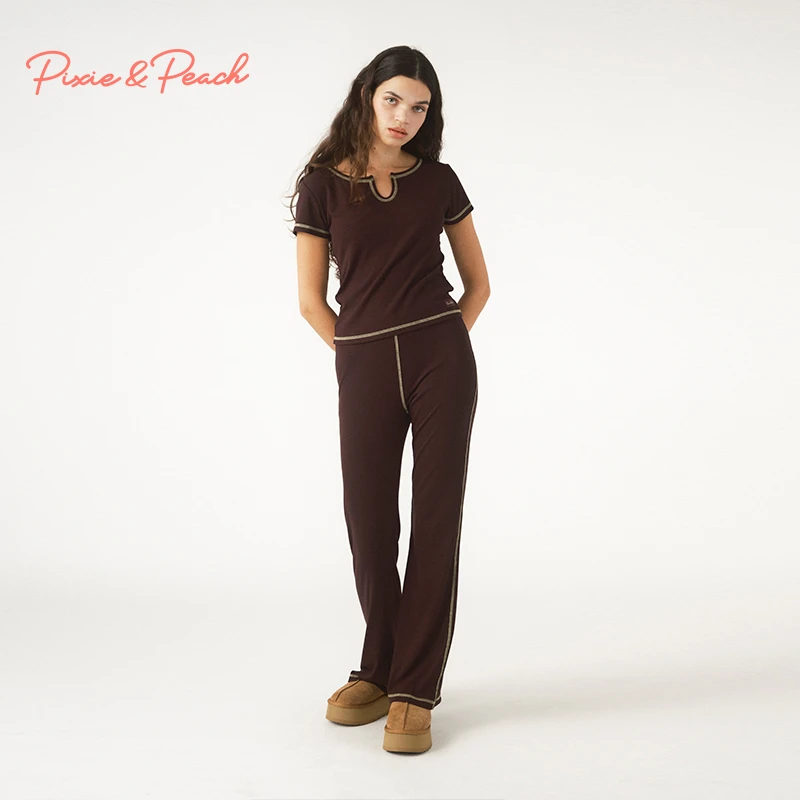 Pixie&Peach Notch英式低调咖设计领罗纹针织布短袖套装