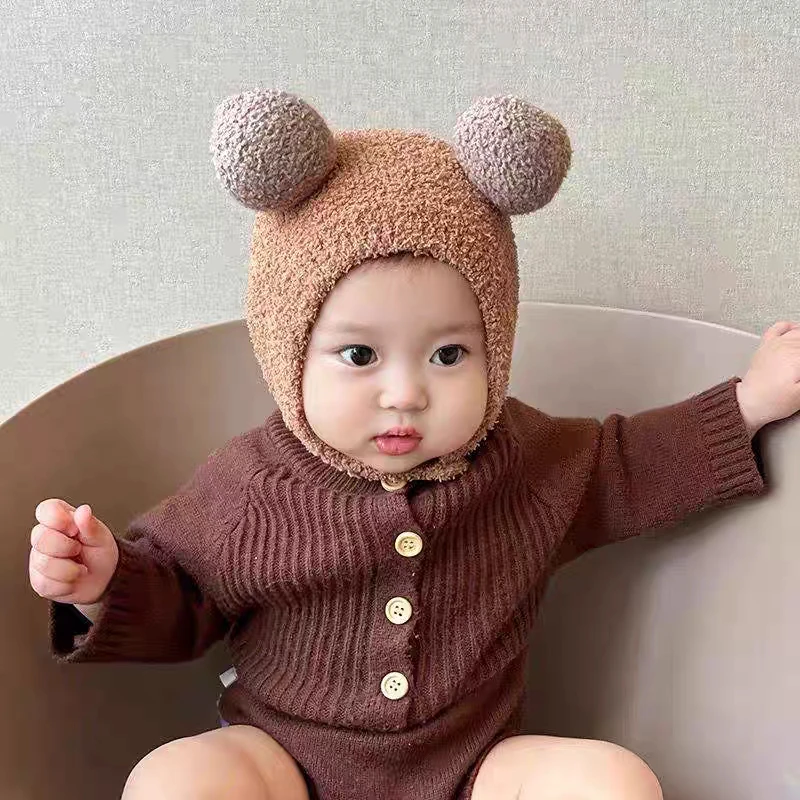 宝宝帽子秋冬保暖加厚毛绒帽婴幼儿针织护耳帽韩版可爱婴儿套头帽