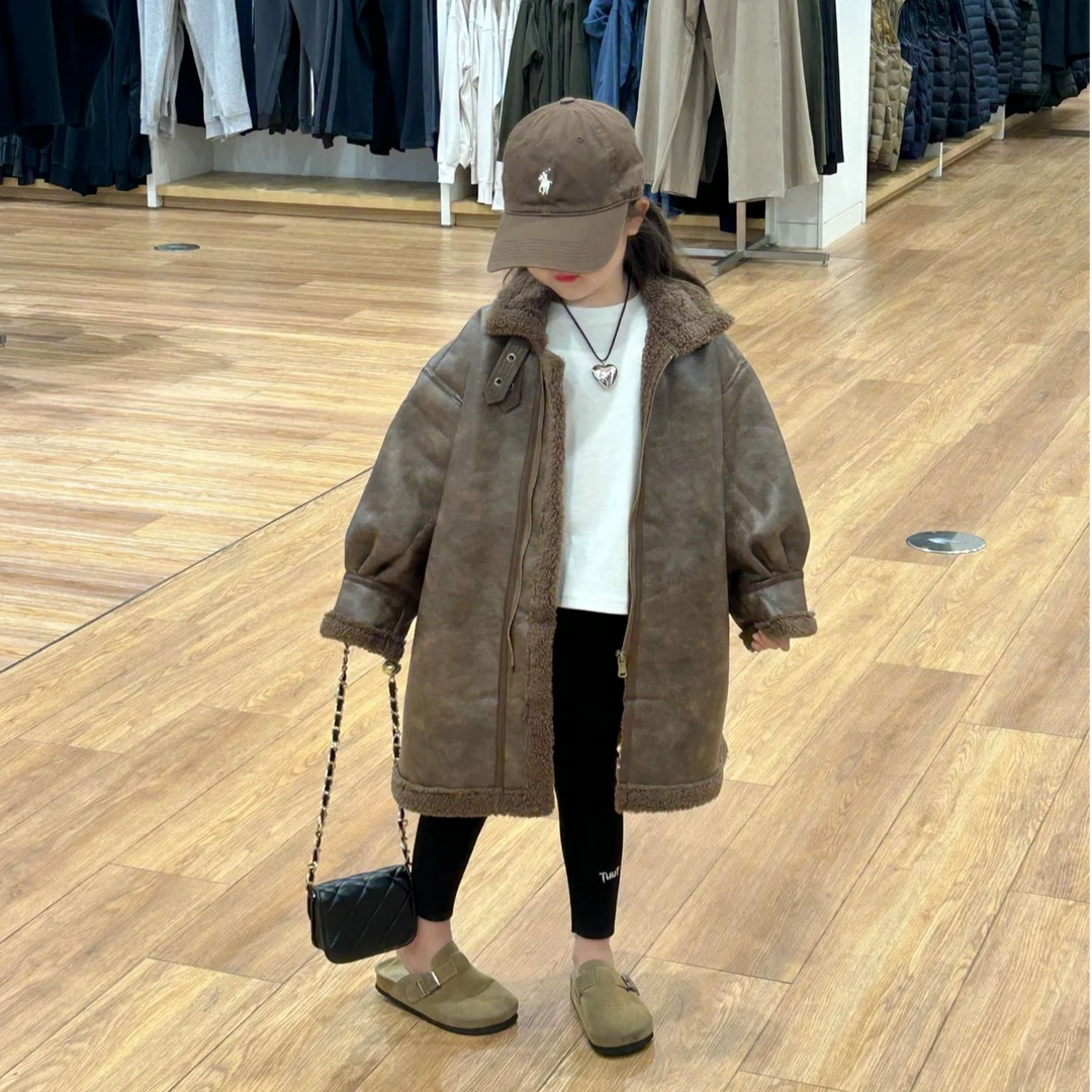 2024冬男女童韩版加绒加厚时髦皮毛一体外套美拉德中长款大衣