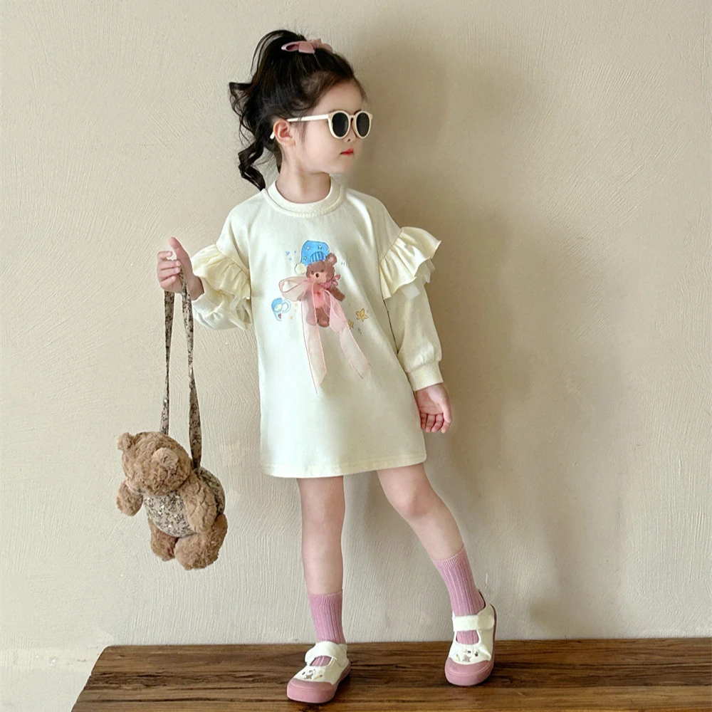 2024秋女童超可爱卡通小熊中长款卫衣裙韩版花边袖连衣裙