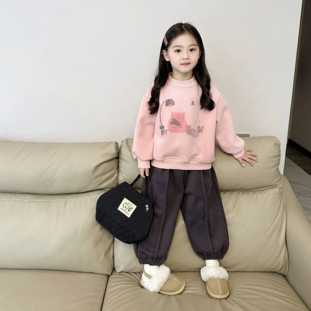 2024深秋冬款女童韩版卡通印花加厚卫衣+休闲加绒卫裤保暖套装
