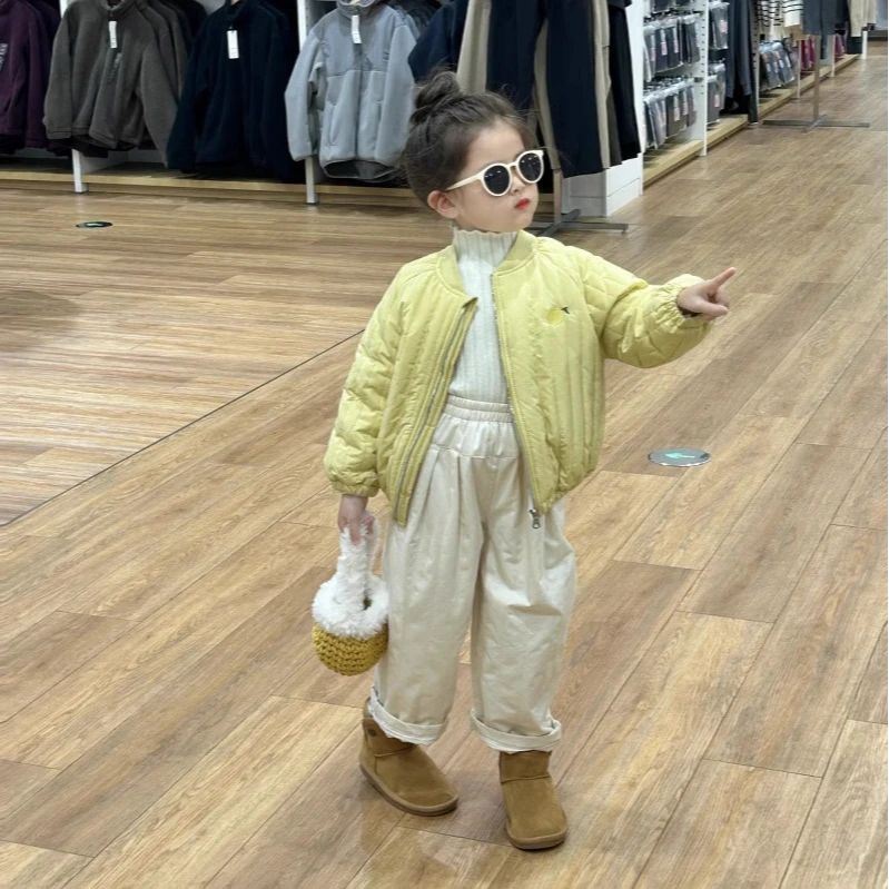 2024冬女童韩版嫩黄绗棉加绒绣花小棉服幼儿园百搭高品质棉衣