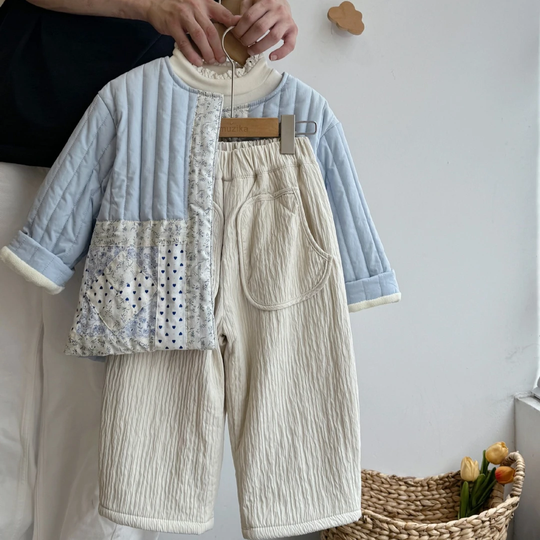 2024秋冬女童韩系碎花拼接加绒夹棉外套小众森系保暖夹克