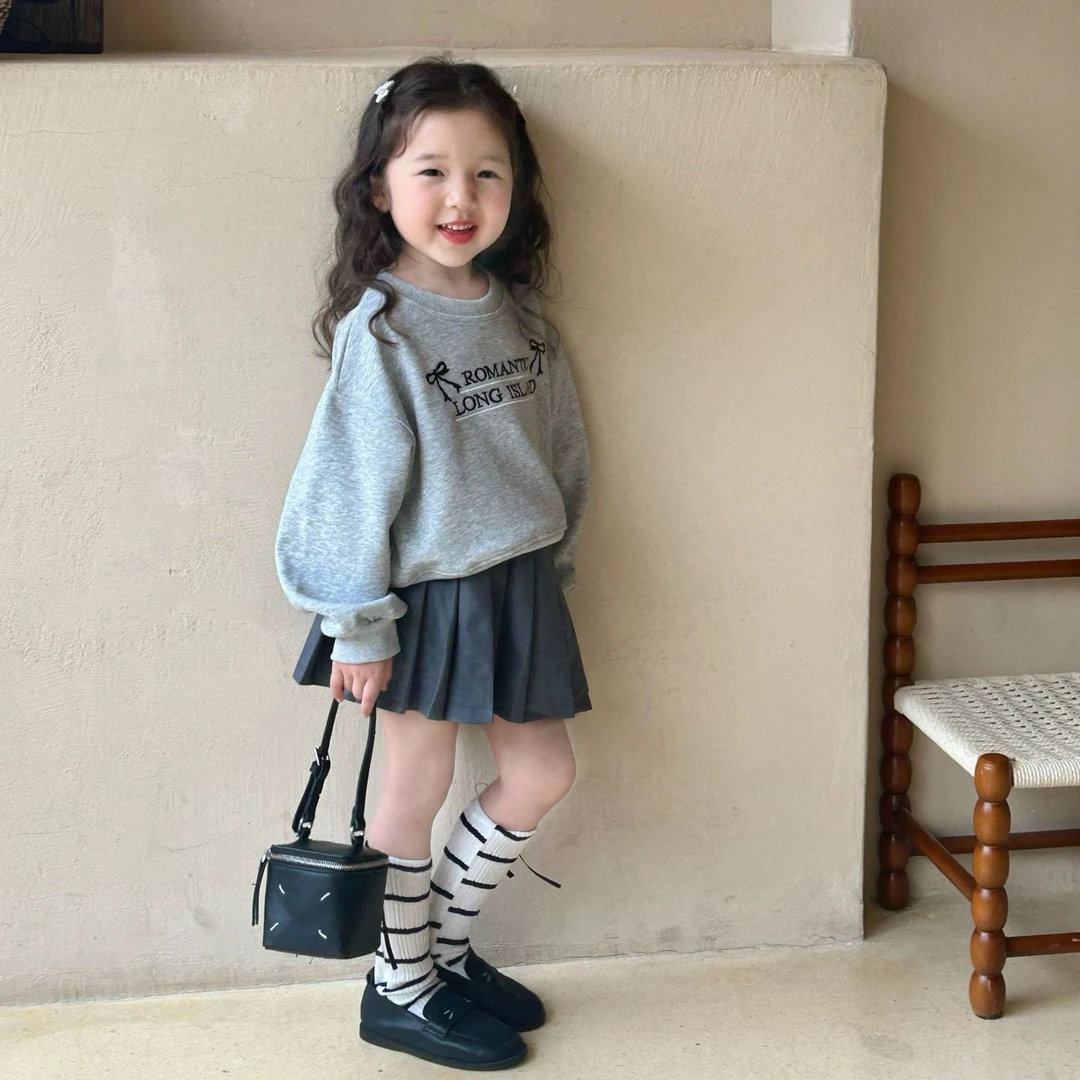 2024秋韩版女童休闲刺绣蝴蝶结卫衣圆领甜美宽松上衣