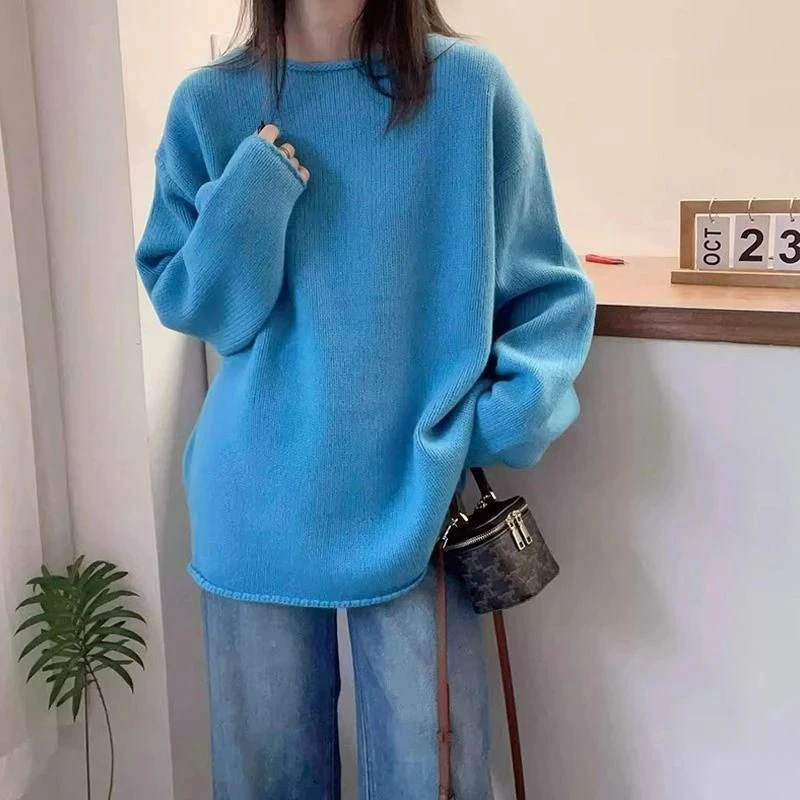 大码宽松卷边百搭时尚针织衫女纯色圆领套头内搭毛衣秋冬款上衣潮