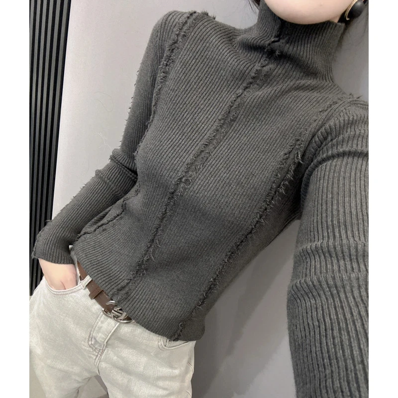 秋冬款毛边流苏针织衫长袖女欧货洋气修身高领内搭毛衣打底衫上衣