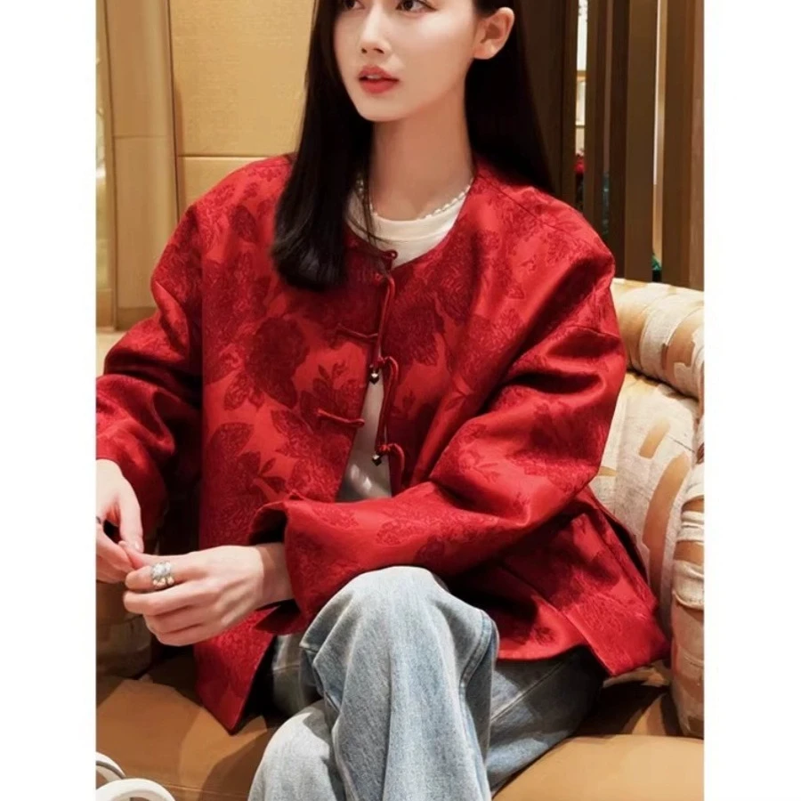 新中式拜年服唐装女2024春装新款红色新年战袍国风盘扣加棉外套