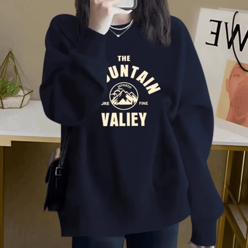 圆领卫衣女2025秋冬新款加绒宽松慵懒风无帽上衣字母印花休闲外套