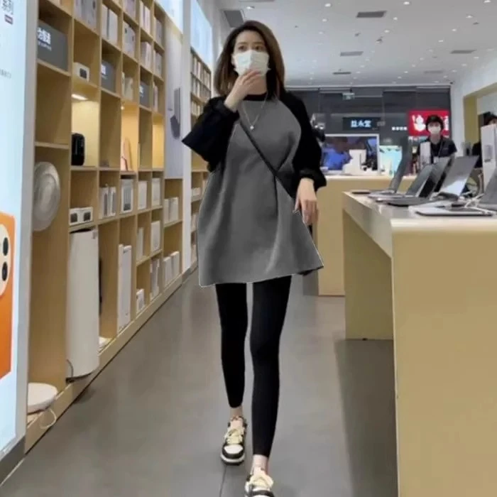 中长款插肩卫衣遮屁股女2025年春秋新款宽松休闲百搭长袖t恤上衣
