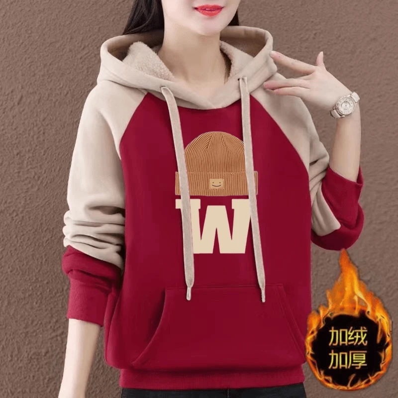 加绒加厚连帽卫衣女秋冬季保暖长袖上衣时尚拼接印花减龄百搭外套