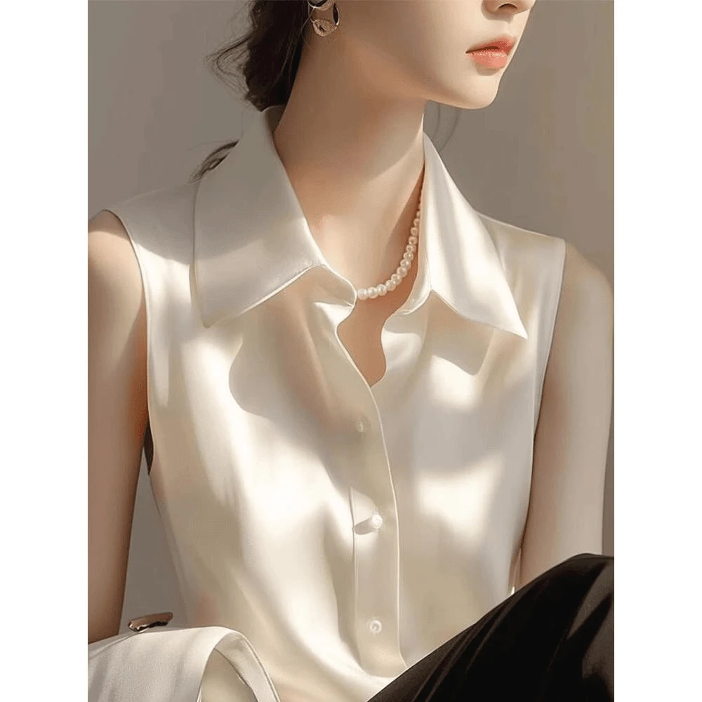 法式缎面白色无袖衬衫女2025新款夏季温柔风小衫休闲气质衬衣