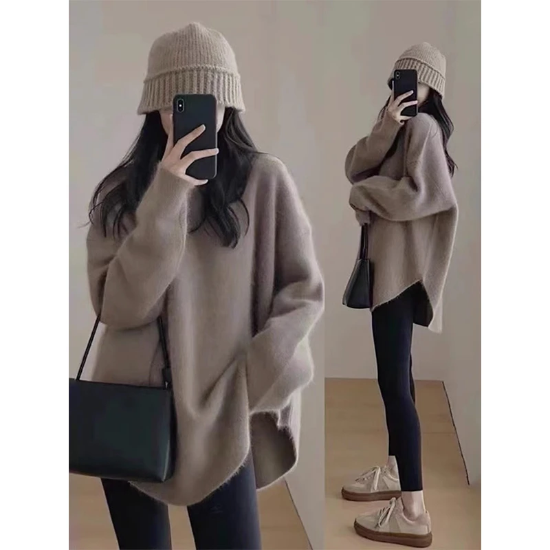 慵懒风毛衣女士秋冬新款外穿中长款加厚复古针织衫宽松遮屁股上衣