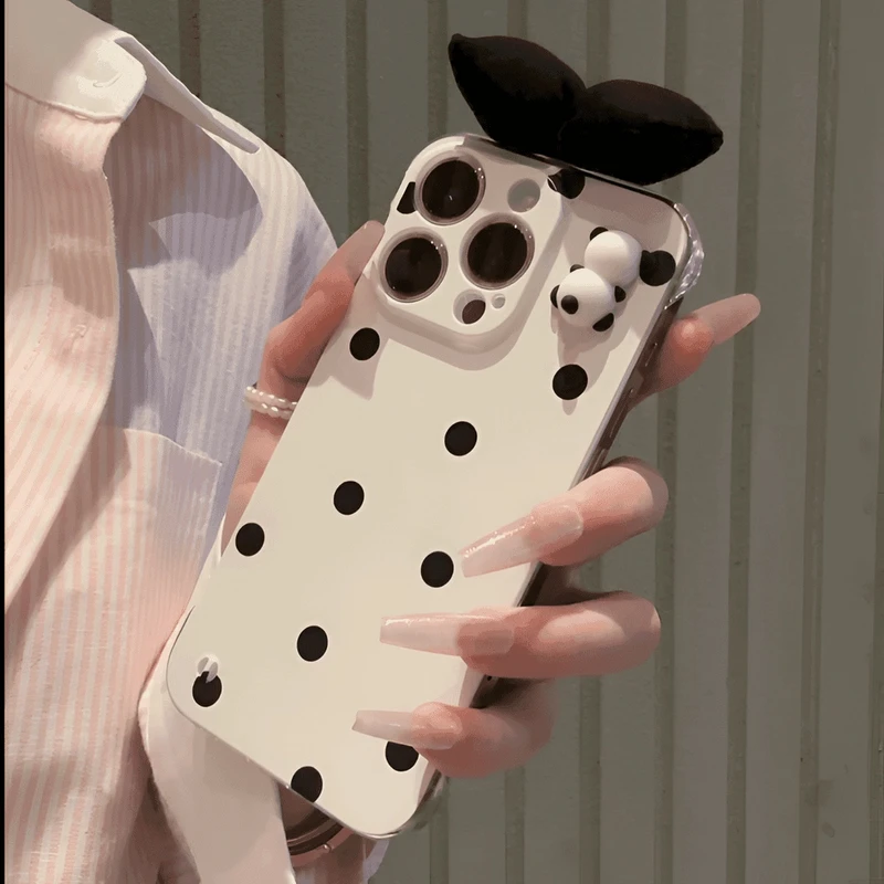 新款黑波点蝴蝶结适用苹果iPhone15无边框手机壳