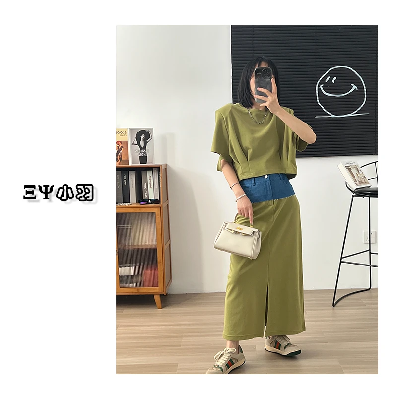 【小羽家】633两件套短袖中长裙拼接休闲圆领百搭时尚韩版简约套装