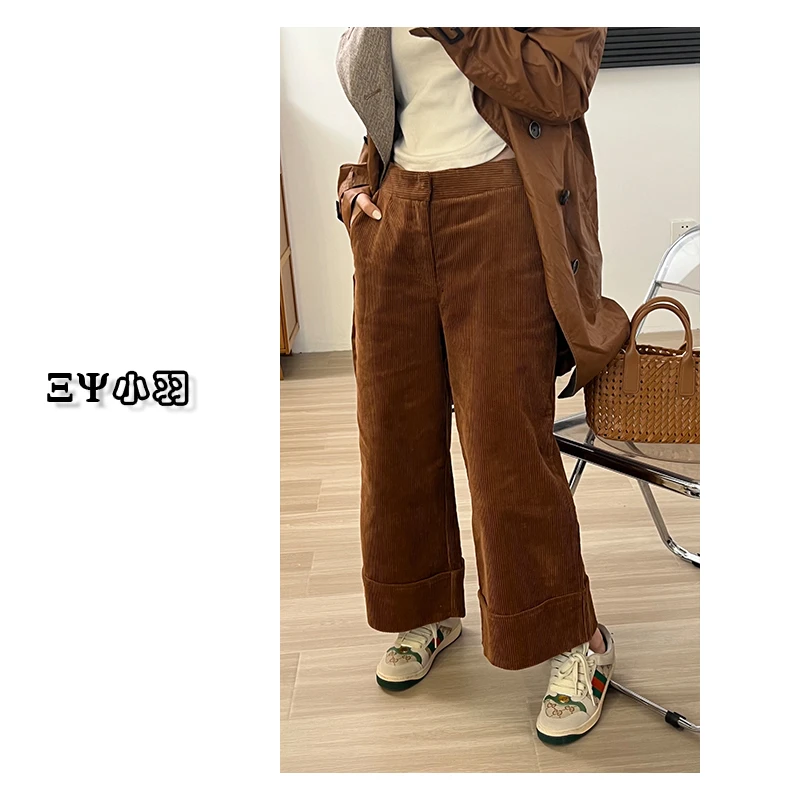 【小羽家】690休闲百搭坑条高腰复古宽松纯色中高腰秋冬显瘦长裤