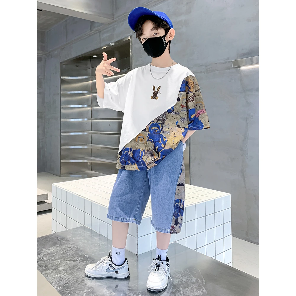 巴拉扣扣男童夏装套装薄款潮流中大童新款夏季男童帅气短袖牛仔裤