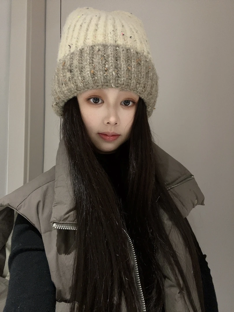 汤圆家-大头加厚双色拼接显脸小毛线帽女保暖护耳帽子女针织帽冬