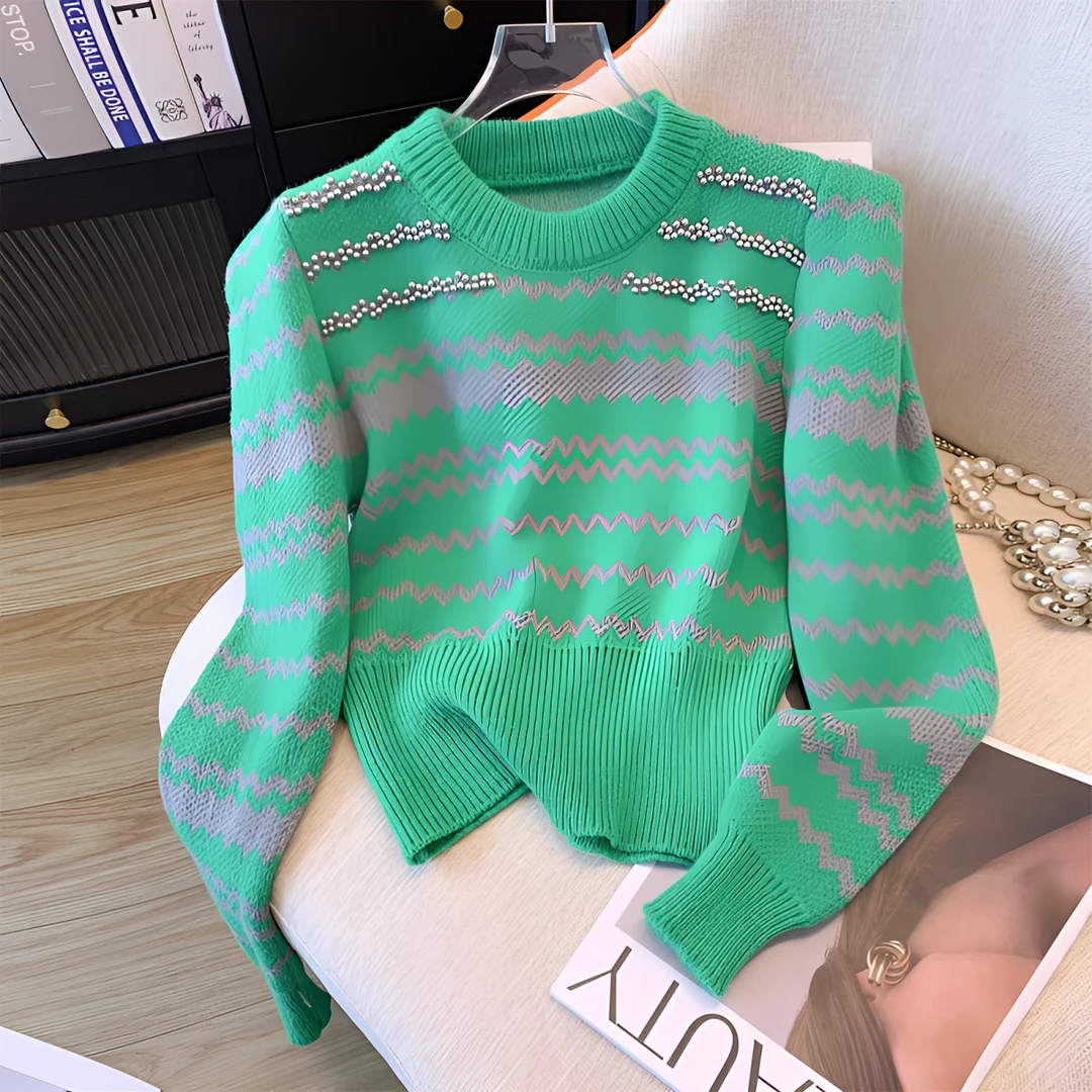 法式复古撞色重工毛衣女2025秋冬设计感气质圆领针织上衣女8177