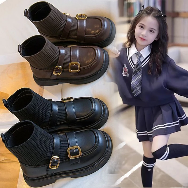 儿童袜靴女童加绒短靴子2025秋冬季新款软皮黑色短靴保暖袜子鞋