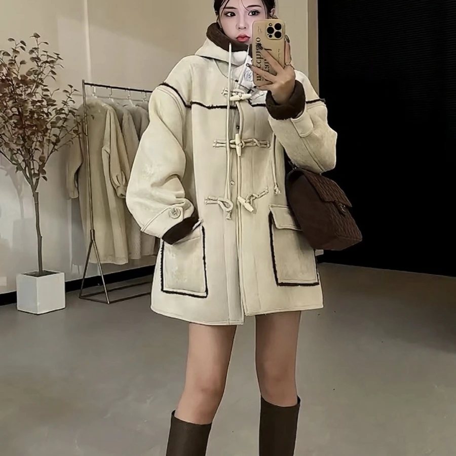 2025秋冬季加厚连帽牛角扣中长款毛毛大衣女休闲棉衣棉服