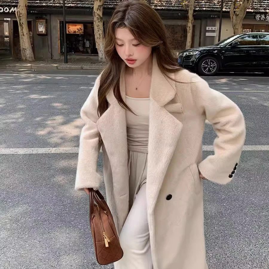 人造皮草 2024秋季加厚长款西服领毛毛女外套大衣
