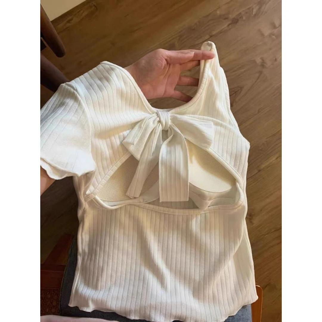 蝴蝶结法式小短款上衣甜辣妹露后背绑带独特别致正肩T恤女短袖夏