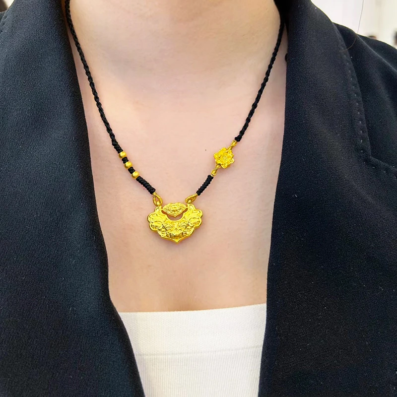 黄金锁999足金平安长命锁纯金锦鲤编绳项链女吊坠送女友生日礼物