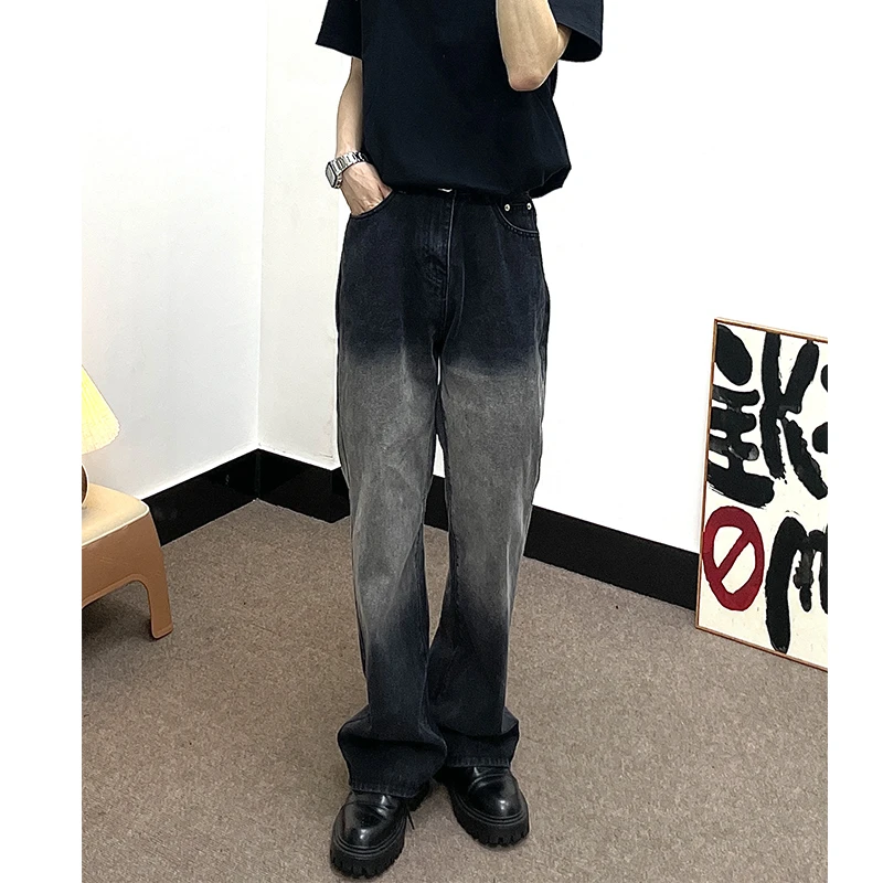 直筒微喇叭牛仔裤渐变色水洗休闲宽松百搭裤子高街显高男喇叭裤A3