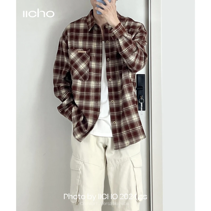 iicho愁愁 法兰绒长袖格子衬衫秋季美式复古磨毛衬衣外套男Z1623