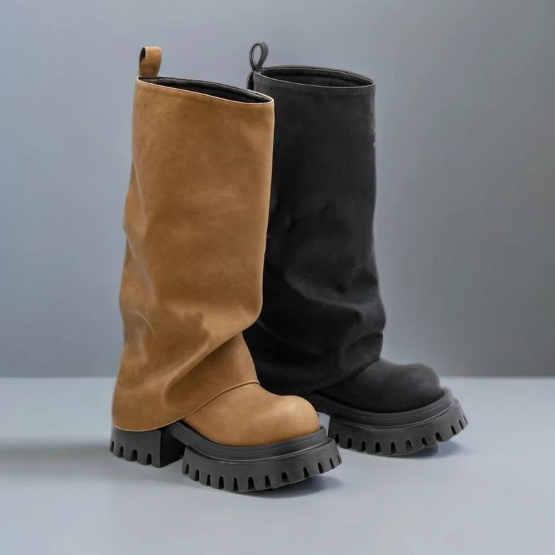 2024新款欧美小众设计裤管靴女款时尚百搭外穿炸街厚底圆头高靴潮