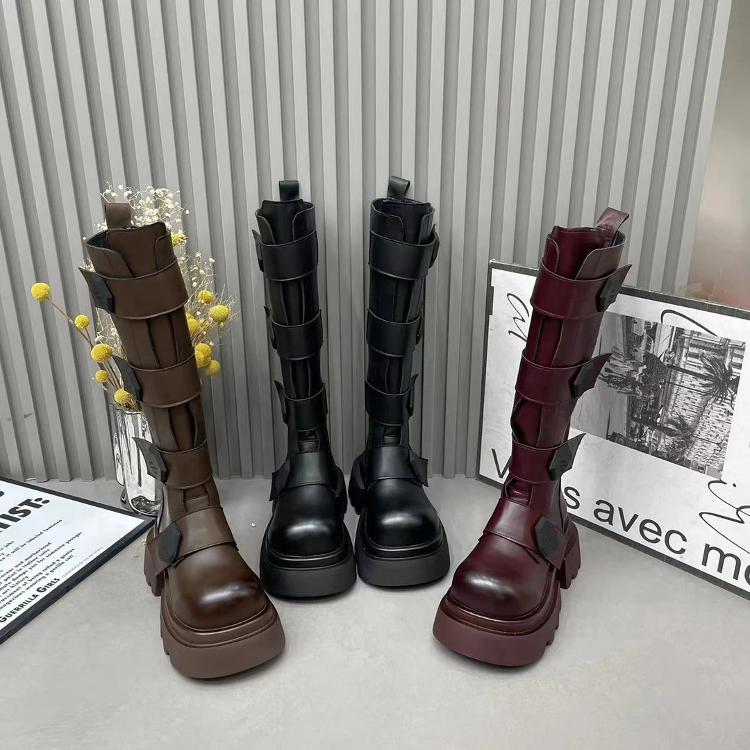欧货2024新款真皮卡扣擦色做旧高筒靴圆头厚底增高不过膝长靴女鞋