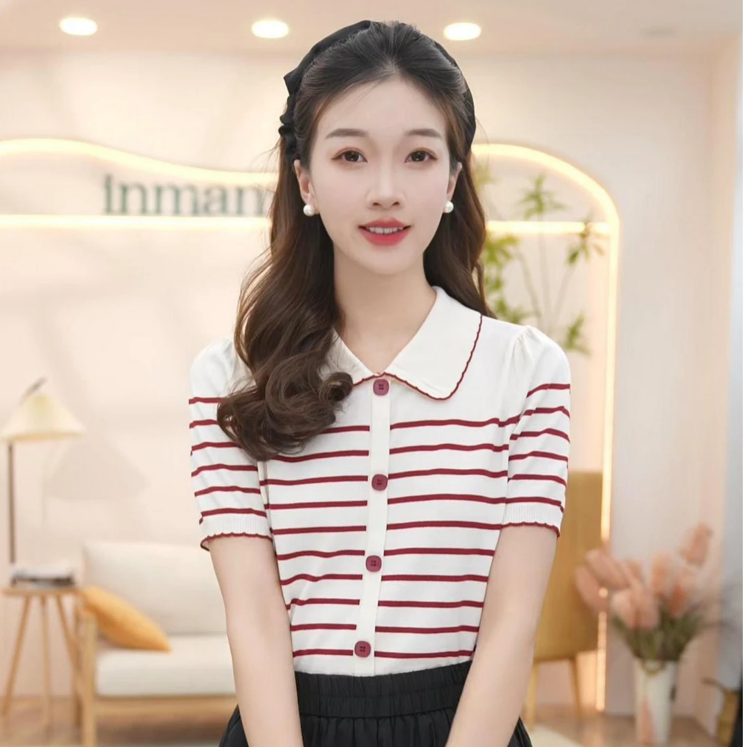 【尤莱特】茵曼夏季凉感冰丝撞色条纹POLO衫女复古时尚舒适女针织衫