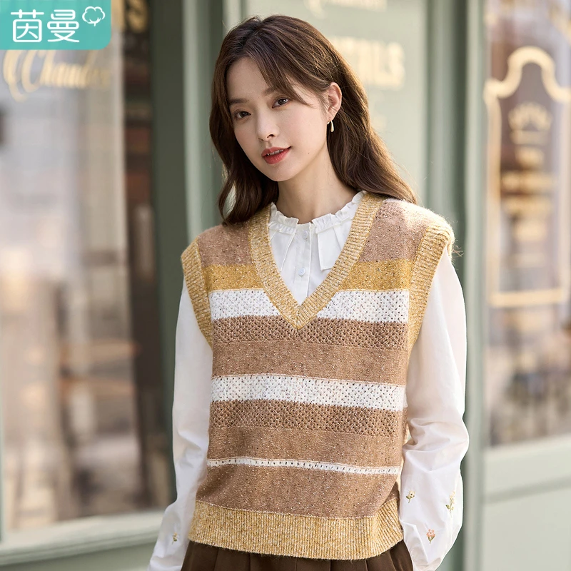 茵曼秋女装新款田园文艺少女复古感V领套头条纹马甲18236189