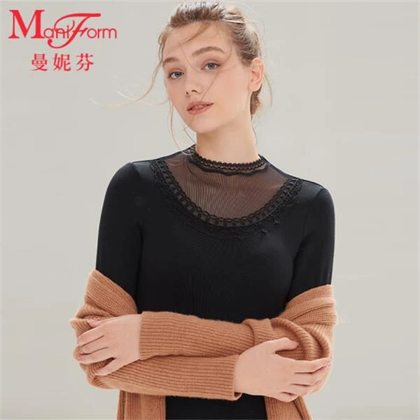 曼妮芬秋冬蕾丝小高领女士羊毛保暖上衣修身显瘦长袖内搭保暖衣